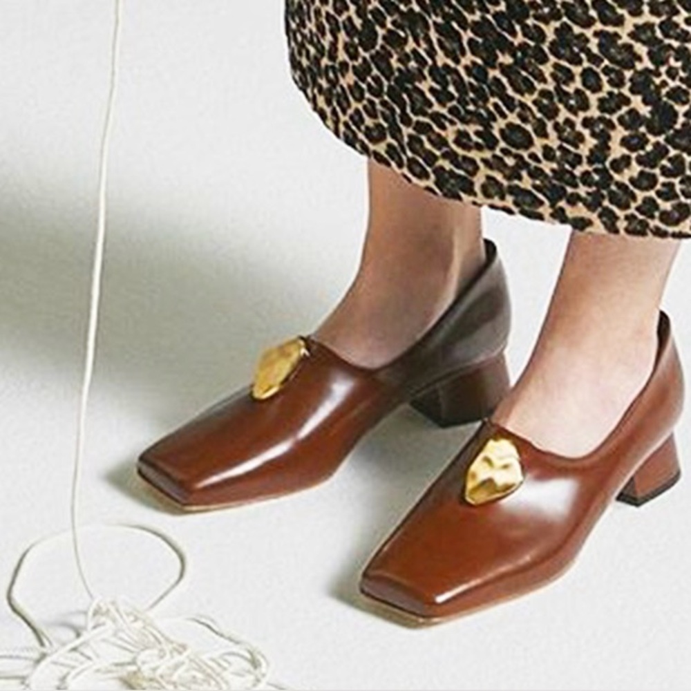 Chic Brown Leather Margot Heels, Elegant Hardware, Vintage Style, Size 6.5